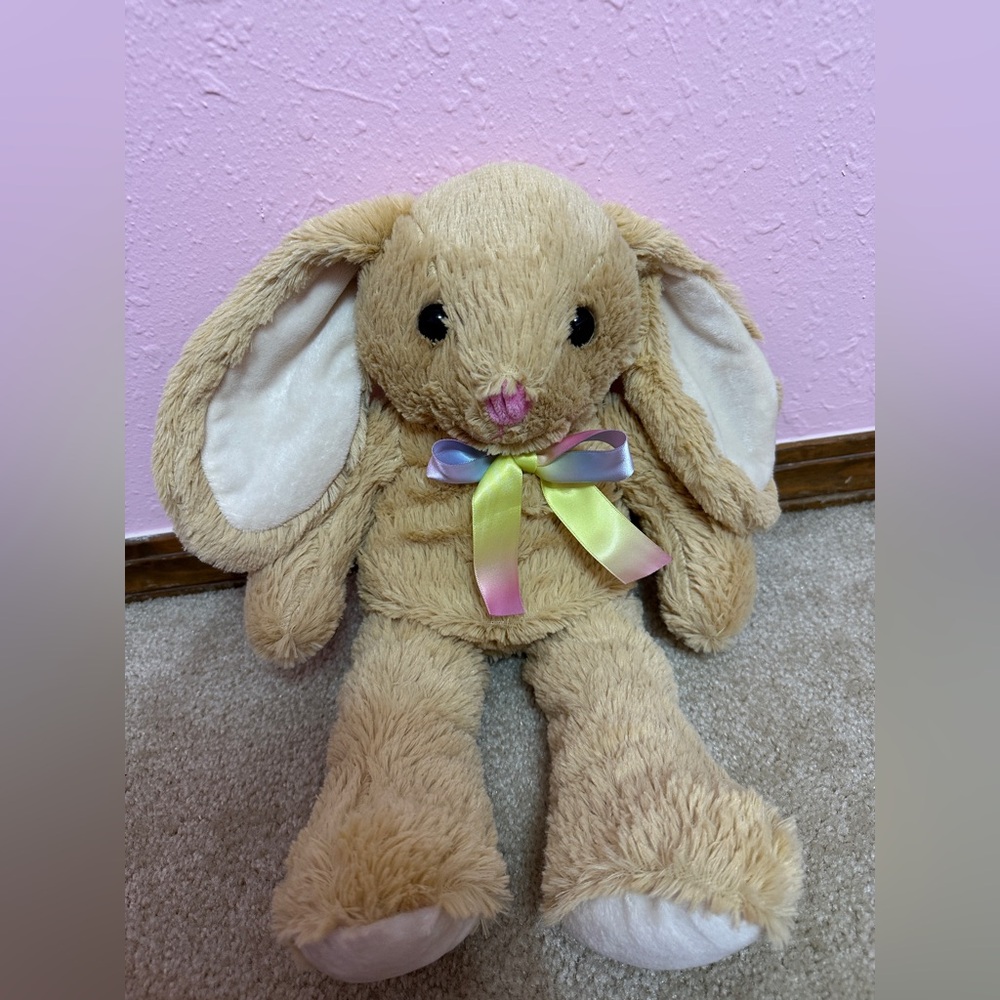 Goffa Bunny Rabbit 18” Plush Soft Beige Tan Floppy Ears Rainbow Ribbon Bow